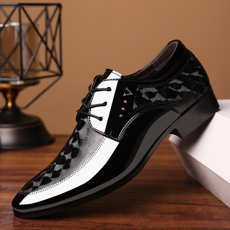 New Wholesale Embossed Graphics Point Toe Non-slip Lace-up Men's Formal Dress Shoes Leather Wedding Shoes 