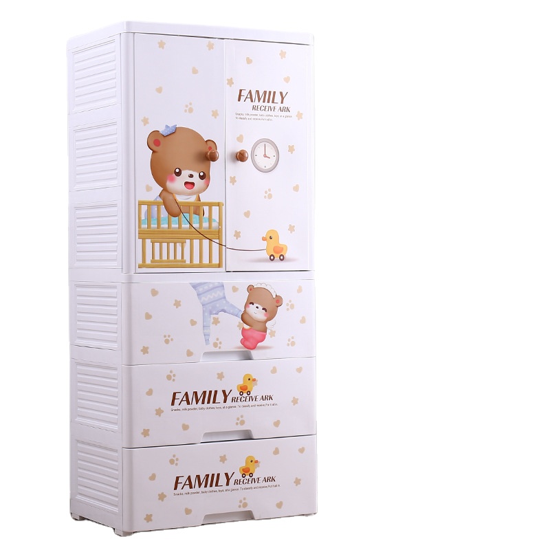 Hot Amazon High Quality 60*41*114 Cm Open Door Baby Bear Cartoon Plastic Wardrobe With Hanger And 3 Drawers 